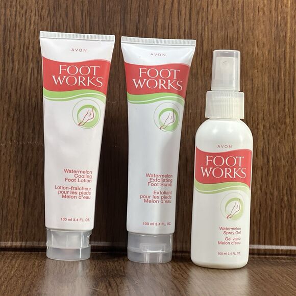 Avon Foot Works Watermelon Exfoliating Foot Scrub Lotion & Spray Gel‎ 3.4 Oz Lot - Picture 1 of 7
